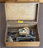 WOODEN JEWERLY BOX W/ ASSORTED POCKET KNIVES