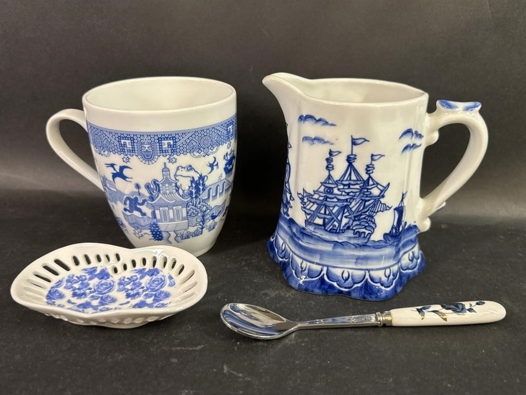 Blue Asian Design White China Mugs, Spoon, Dish