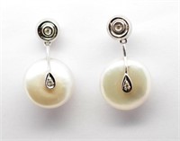 Button pearl, diamond and 14ct white gold earrings