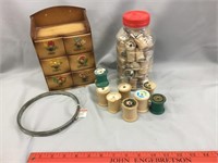 Wooden spools, Vintage sewing Box, Metal Hoop