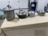 3 vintage tea pots, old pressure cooker