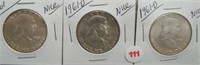 (3) Franklin Silver Half Dollars. Dates: 1961,