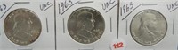 (3) 1963 UNC Franklin Silver Half Dollars.