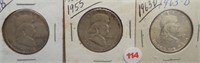 (3) Franklin Silver Half Dollars. Dates: 1948,
