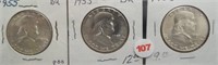 (3) 1955 Franklin Silver Half Dollars.