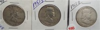 (3) Franklin Silver Half Dollars. Dates: 1948,