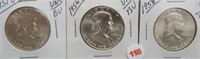 (3) Franklin Silver Half Dollars. Dates: 1951-D,