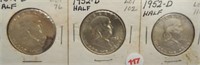 (3) 1952-D Franklin Silver Half Dollars.