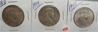 (3) Franklin Silver Half Dollars. Dates: 1948-D,