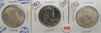 (3) Franklin Silver Half Dollars. Dates: 1955