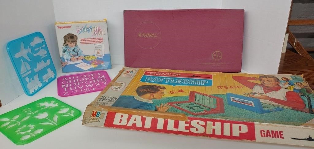 Lot of vintage games.  Scrabble, Battleship and
