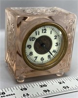 Art deco pink depression glass top clock tested