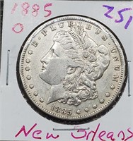 1885 O Morgan US silver dollar New Orleans XF-AU
