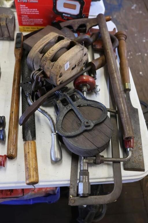 ASSORTED ANTIQUE TOOLS & PULLEYS