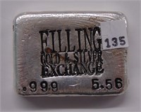 5.56 Troy Ounce Poured Silver Bar .999 Fine