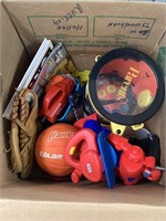 Box of toys, baseball Glove, PS Controller, Misc