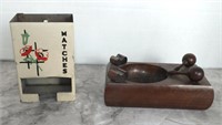 METAL WALL MATCH SAFE/WOODEN ASHTRAY