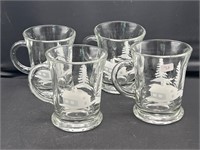 4 ANCHOR HOCKING CABIN PINE TREES SCENE GLASS MUGS