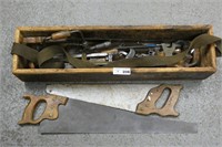 Wooden Tool Tray w/ Assorted Hand Tools - Saws