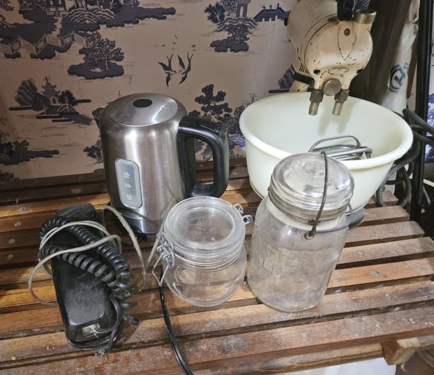Vintage mixer, coffee pot, jars, princess phone