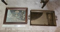 Framed Poker Dogs & antique serving tray