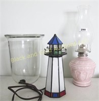 Lighted Lighthouse w/ Oil lamp and Glass Dome