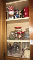 Christmas mugs, glass canisters, vintage shakers