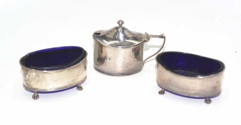 Sterling silver George V three piece condiment set