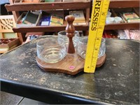 Wooden Holder w/ 3 Drinking Glasses Cups