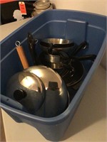 Most like new pots & pans in tote with no lid