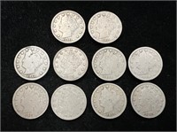 Lot of 10 Liberty "V"  Nickels