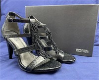 Black Faux Snake Strap Heels with Beads Sz 8