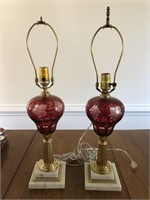 Pr of Etched Cranberry Glass, Brass & Marble Lamps