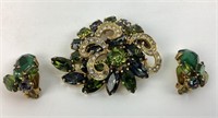 Stunning Weiss green rhinestone brooch & clip