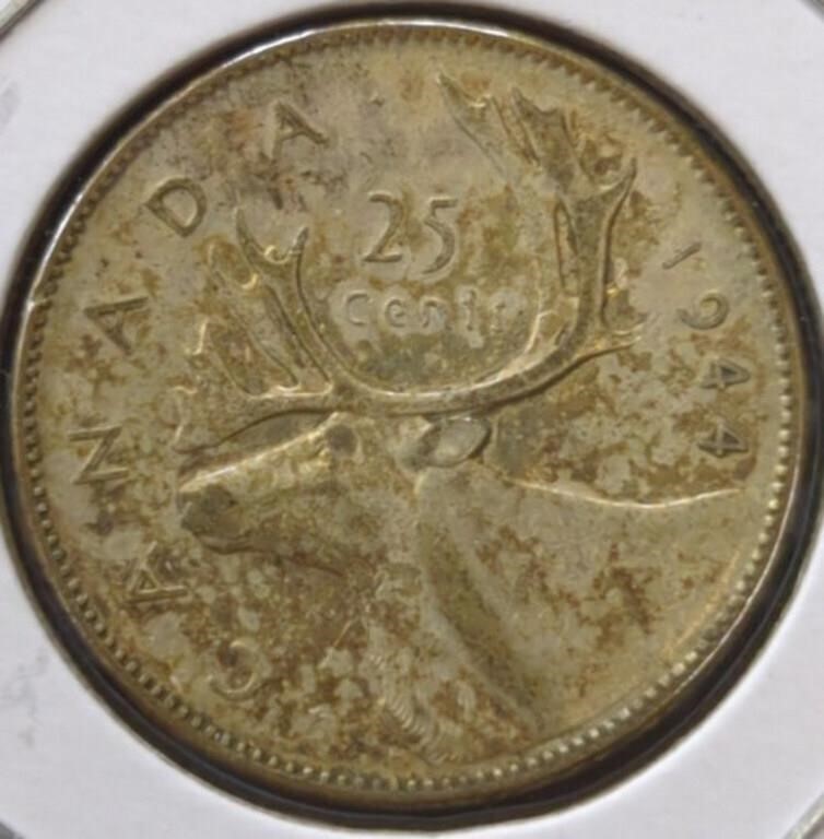 Silver 1944 Canadian quarter