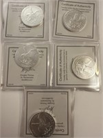 Five 2021 American Eagle, 1 ounce silver coins