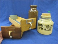 2 wooden card file drawers & 2 crock jars