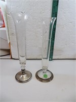 2 Sterling Base Vintage Etched Glass Vases