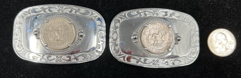 2 Embossed Belt Buckles w Embedded Dollar Coin