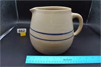 Chubby blue line hand crafted pottery pitcher