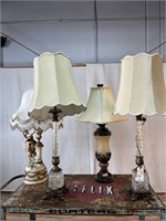 4pc Vintage Lamps: Crystal Pair, Frosted, Figural