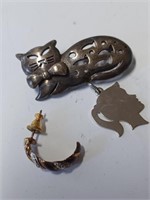 Marked 925 Cat Pin, Earring and Charm-11.4g