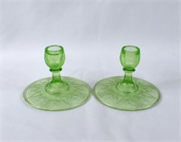 2 Uranium Green Glass CAMEO BALLERINA Candlesticks