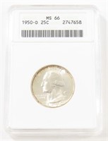 ANACS GRADED 1950-D WASHINGTON QUARTER MS66 25C