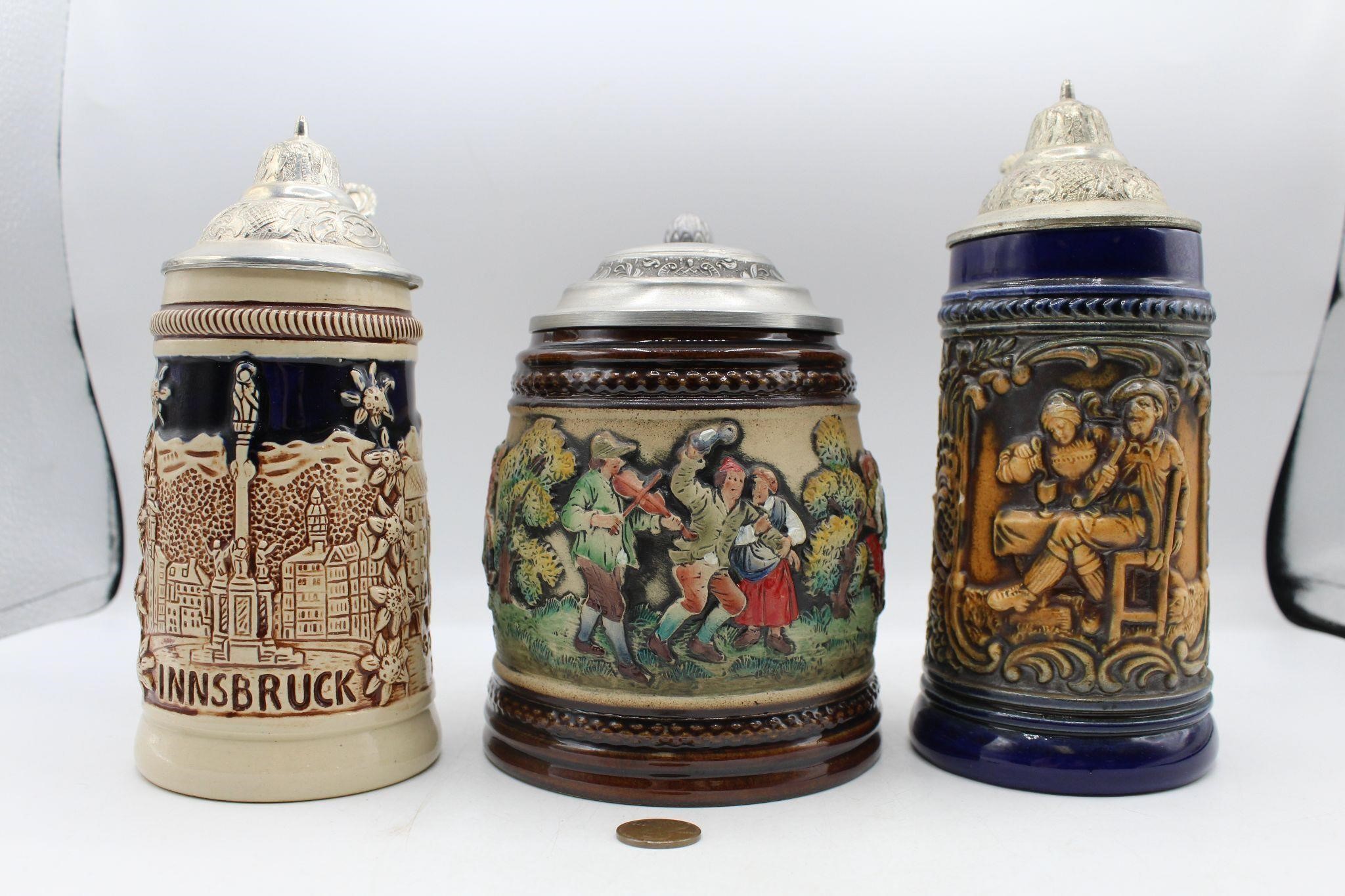 3 Vintage German Lidded Bier Steins