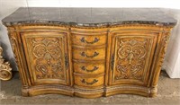 Ornate Carved Wood Buffet with Stone Top