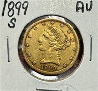 1899-S $5 Liberty Head Gold Coin - AU
