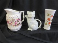 3PC CAT TEAPOT, KAISER VASE AND GERMANY PITCHER