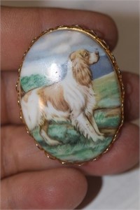 Painted Dog on Porcelain Brooch