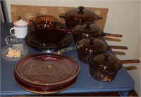 Lead Crystal ring box, amber pots and pan set,